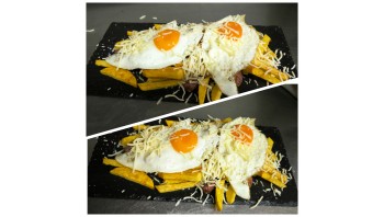 T05: PATATAS con LONGANIZAS, QUESO rallado y huevos